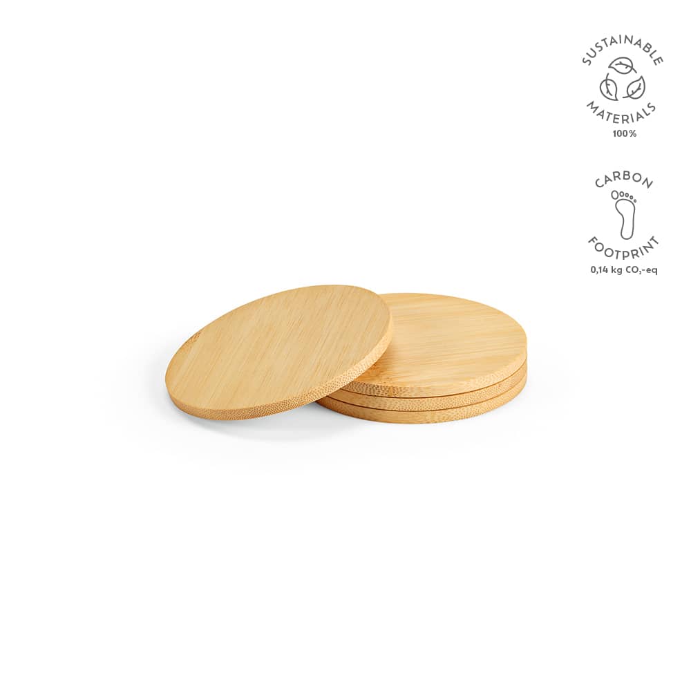 A set of four round bamboo coasters in a light natural colour, featuring a logo.