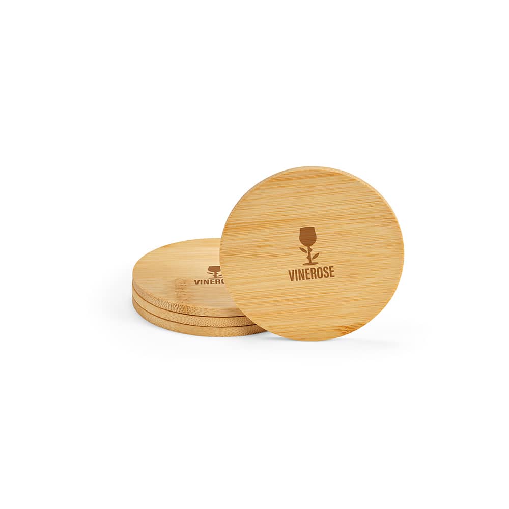 A set of four bamboo coasters in a natural finish, featuring a logo on each coaster.