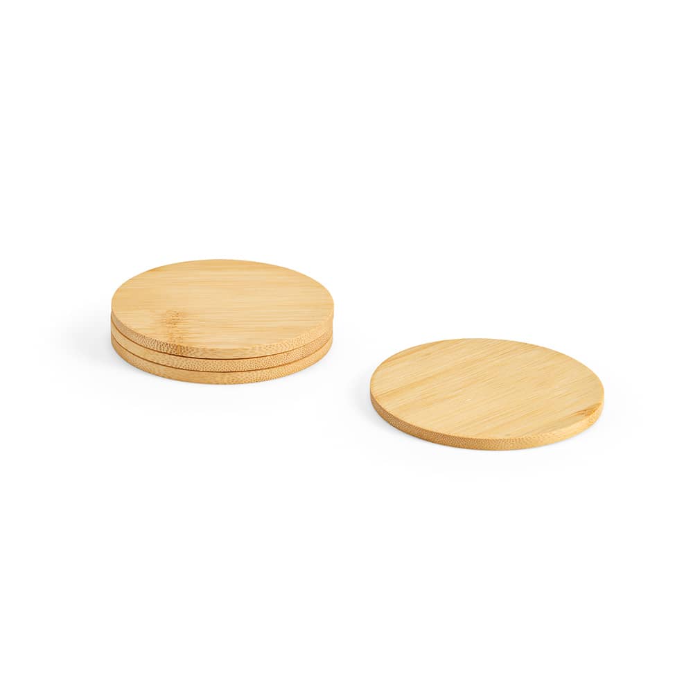 A set of four round bamboo coasters in a natural finish, featuring one coaster separate from the stack.