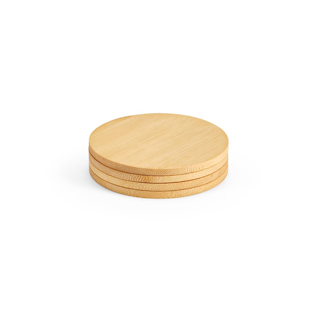 A set of four round bamboo coasters stacked neatly. The coasters feature a natural wood finish.