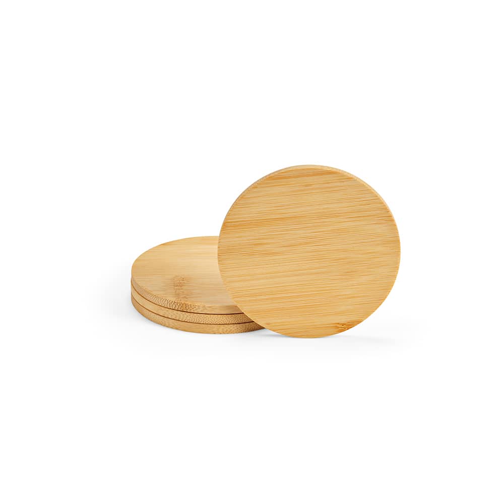 A set of four bamboo coasters in a natural finish, stacked neatly with one coaster slightly angled.