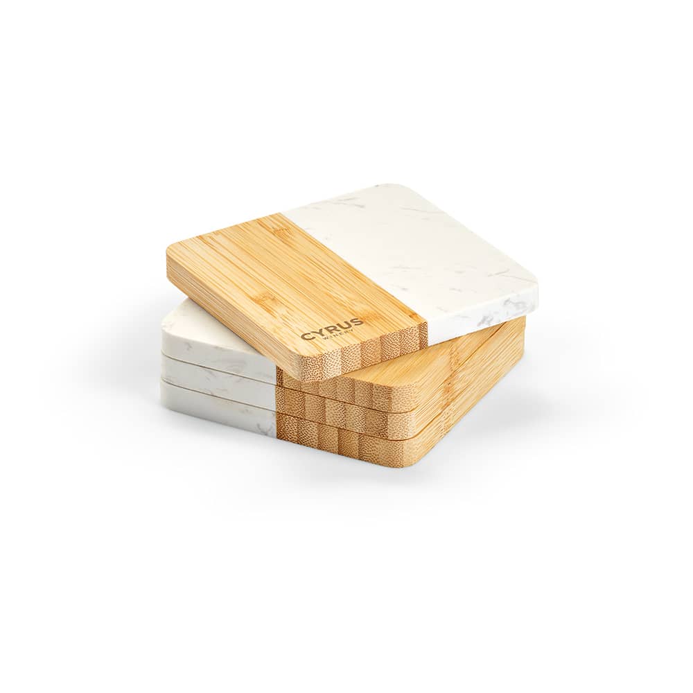A set of four coasters featuring bamboo and marble, stacked neatly with natural tones and a logo on one corner.