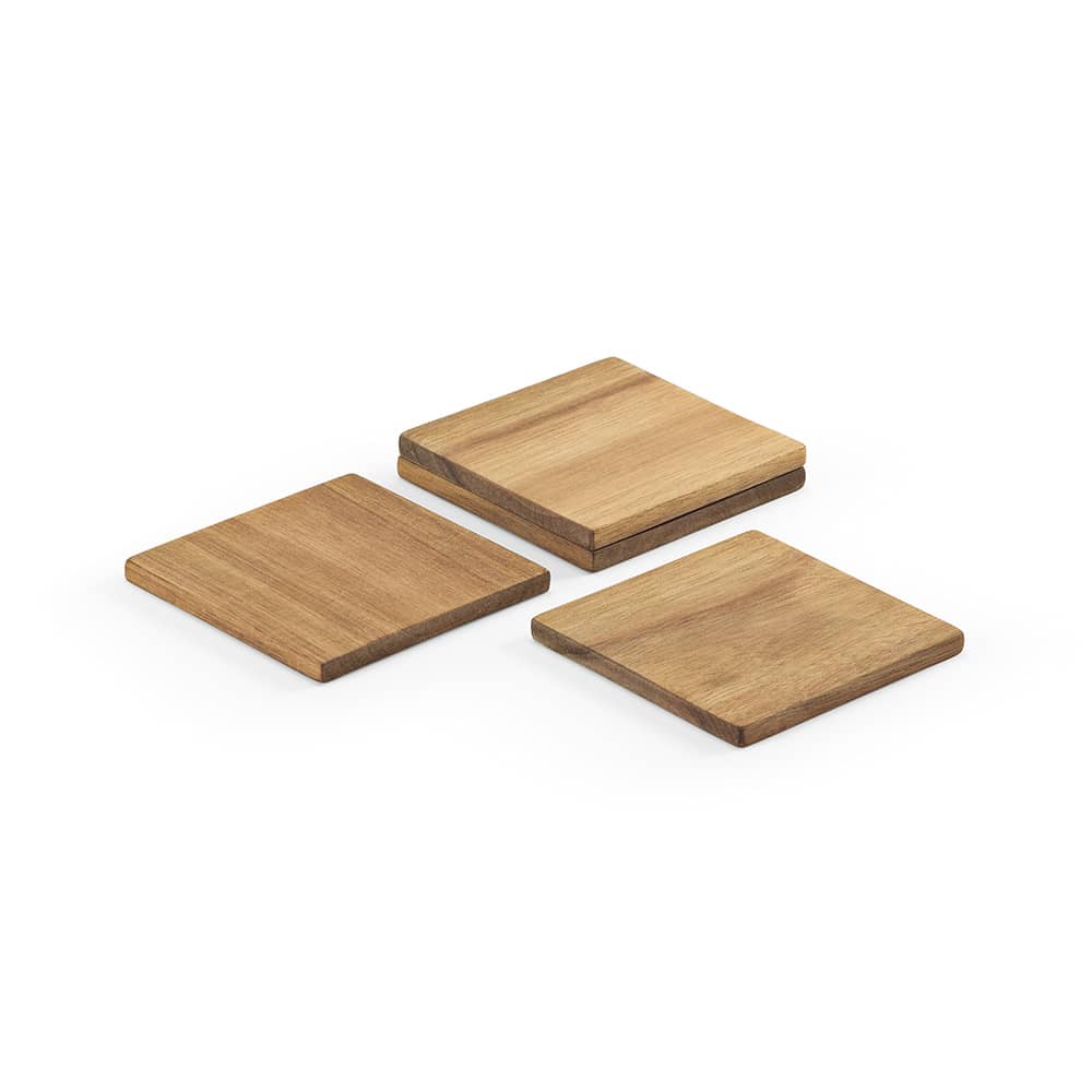 A set of four acacia wood coasters in a natural finish, featuring a smooth surface and a simple square design.