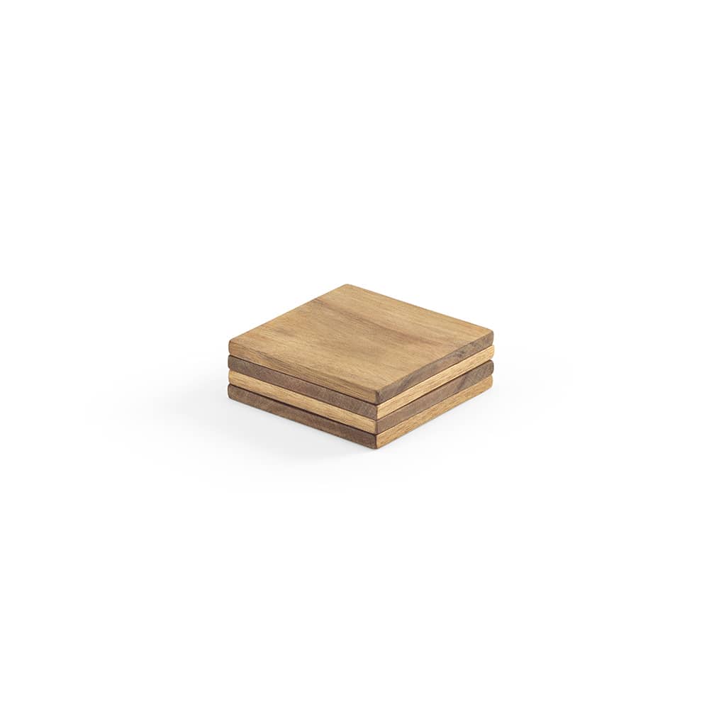 A set of four acacia wood coasters with a natural finish, stacked neatly.