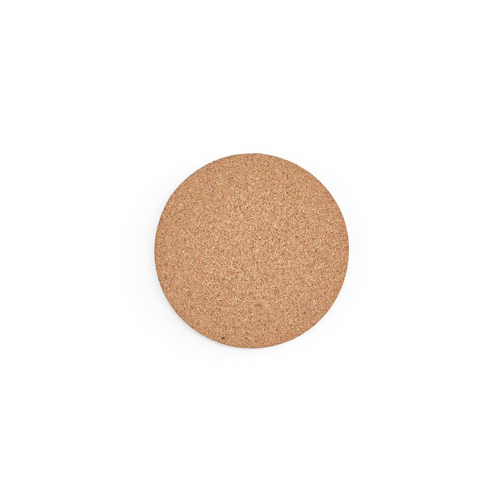 A round cork coaster in a natural beige colour, featuring a simple design and a visible logo.