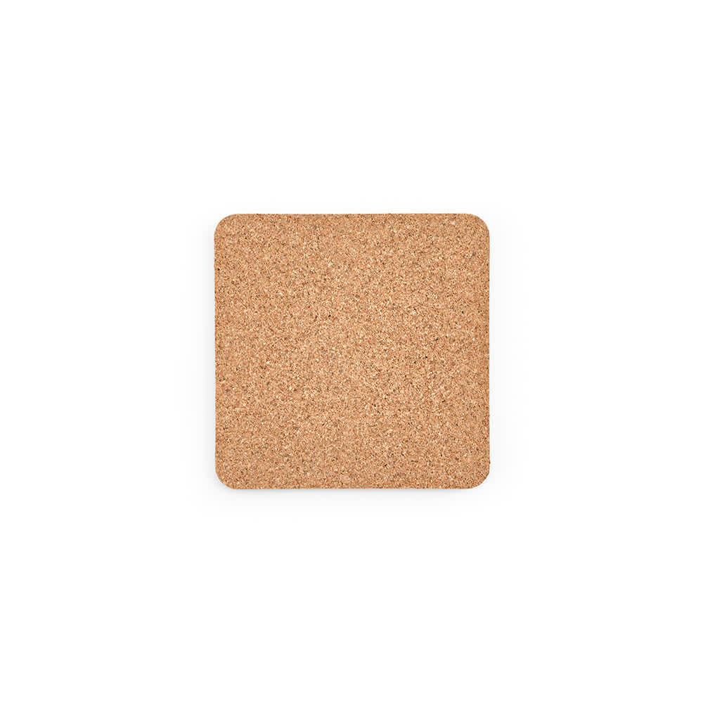 A square cork coaster in a natural tan colour, featuring a smooth surface and rounded edges. It has a logo on one side.