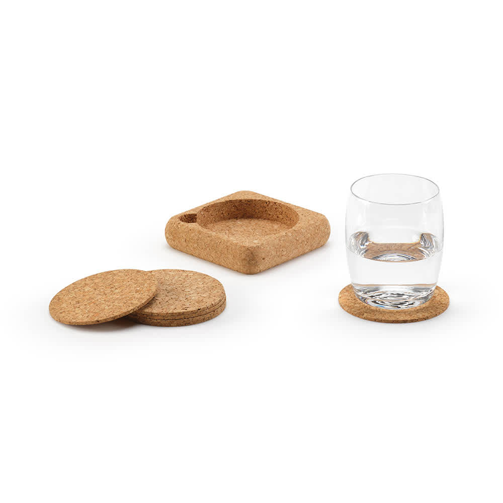 A set of six natural cork coasters with a square organiser, featuring a glass of water on one coaster.