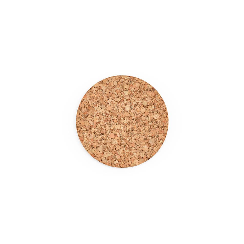 A round cork coaster features a tan colour, made from natural cork material with a textured surface.