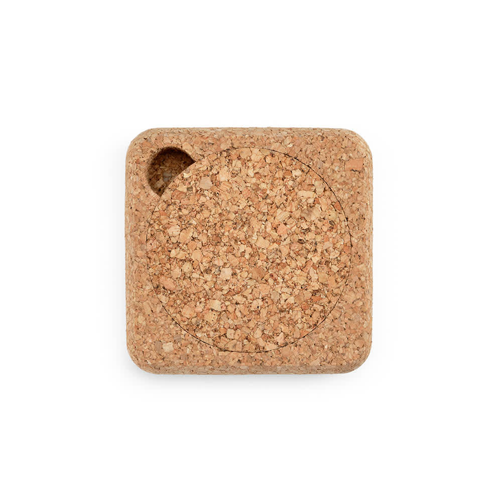 A cork coaster in a square shape, showcasing a natural brown colour and a circular indentation. Features a logo.