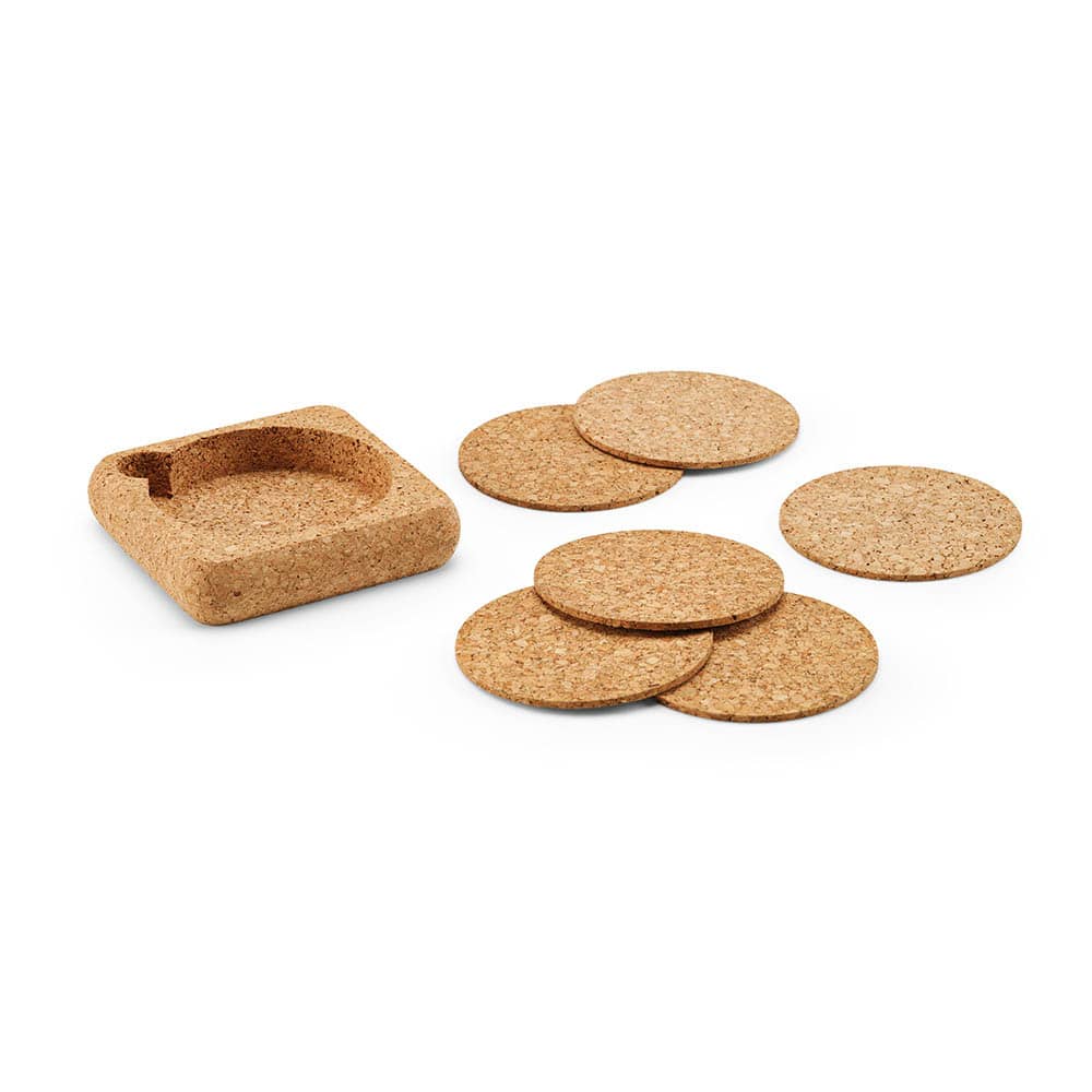 Klein cork coasters in natural brown, set of six with a matching cork organiser. Made in Portugal.