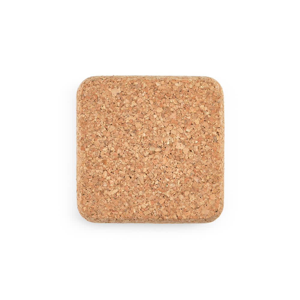 A set of six natural cork coasters with a square shape and an organiser, featuring a textured surface.