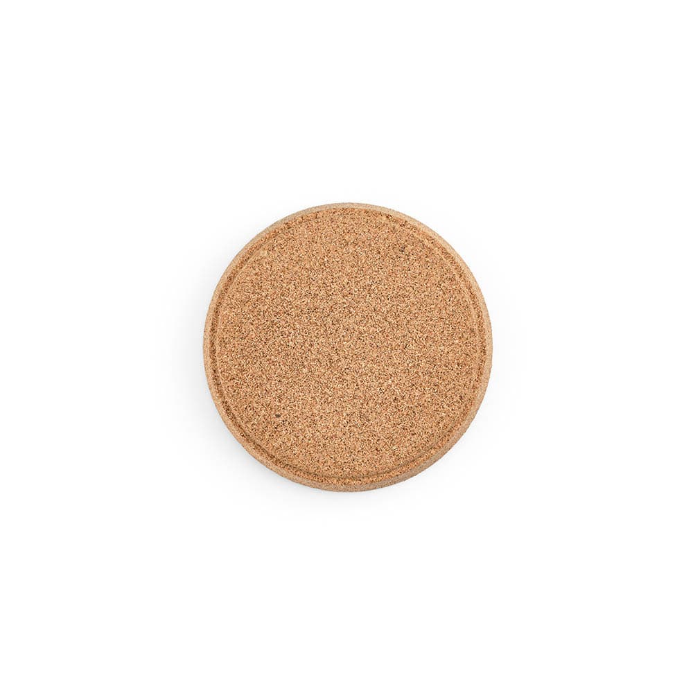 A round cork coaster with a rim, featuring a natural brown colour and a textured surface. It has a branding logo.