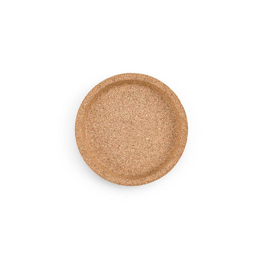 A round cork coaster with a rim, featuring a natural beige colour. The product has a branding logo.