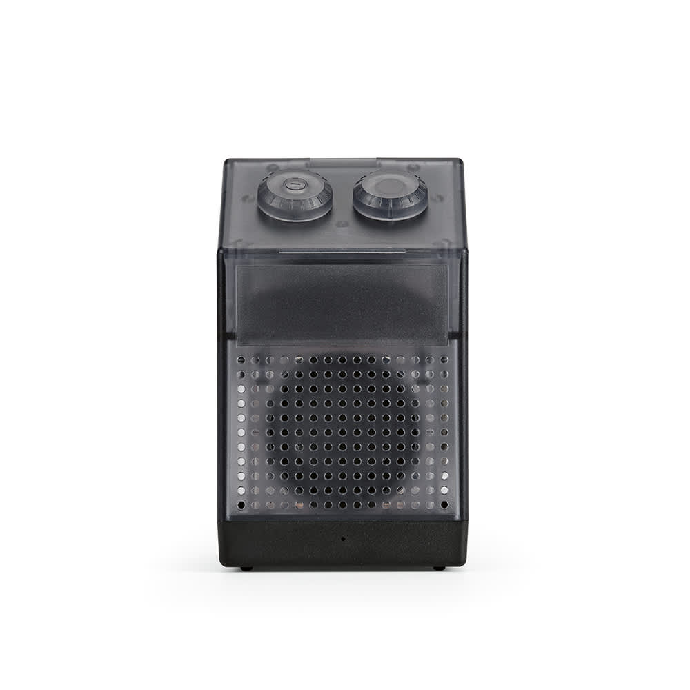 A black and grey speaker with two control knobs on top and a perforated speaker grill. It has a logo on the front.