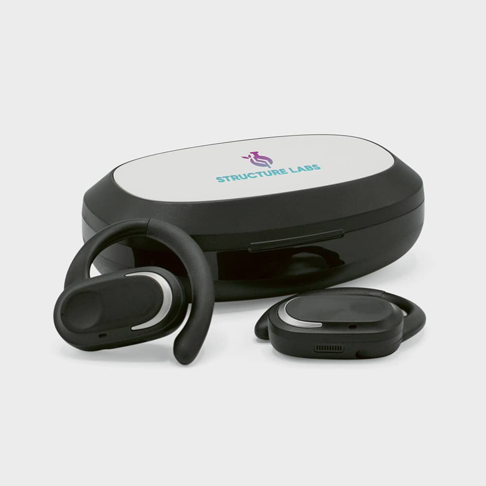 Wireless earbuds in black with an accompanying charging case featuring a logo. The design includes an open ear style.