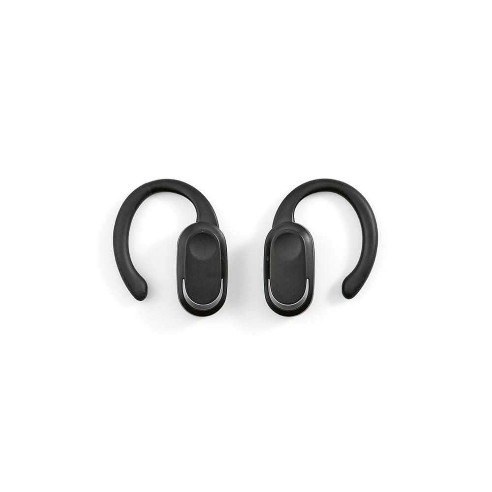 Black Aerotunes earbuds featuring an open ear design and a flexible hook for secure fit. Includes a logo on the body.