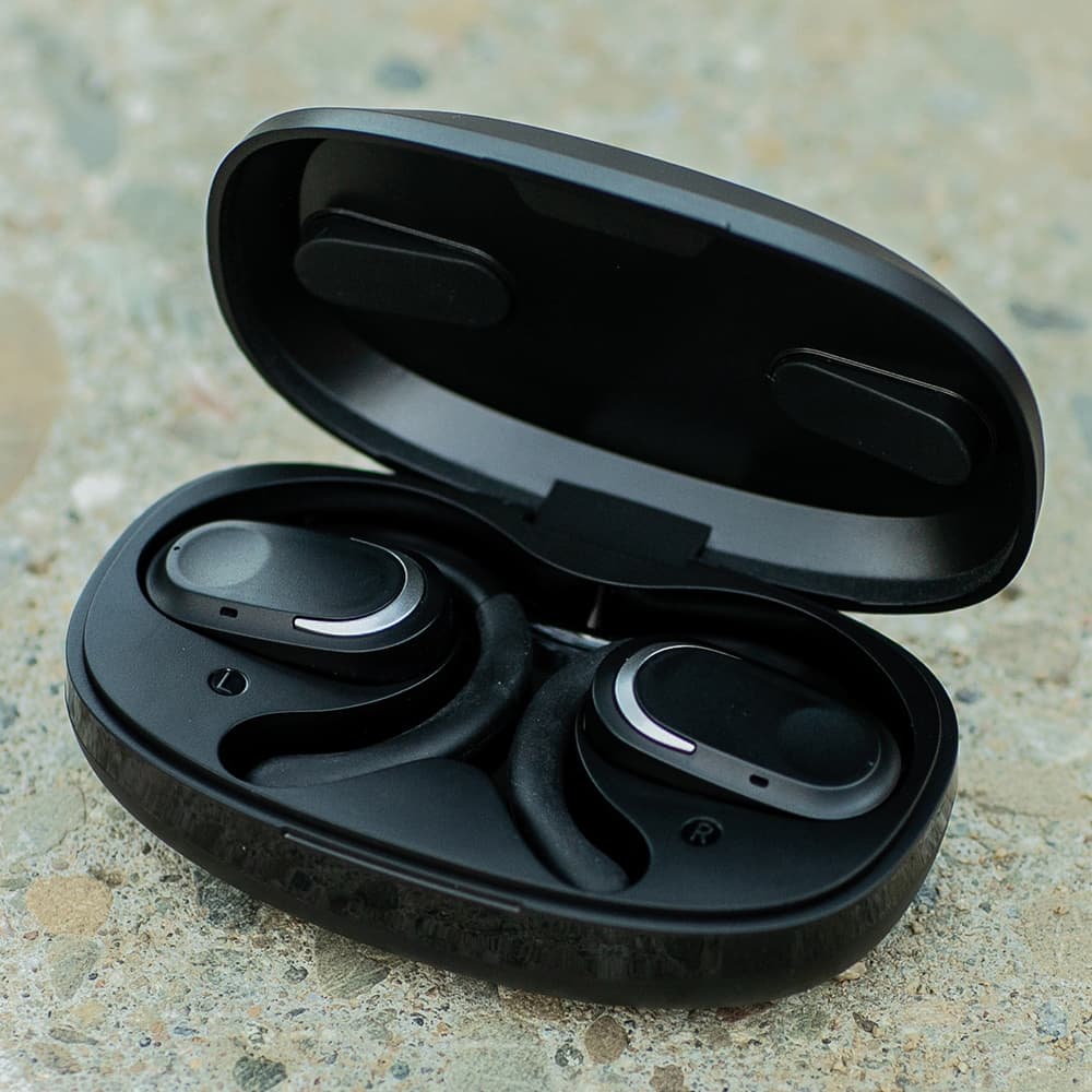 Black wireless earbuds in a sleek charging case, featuring an open ear design for comfort.