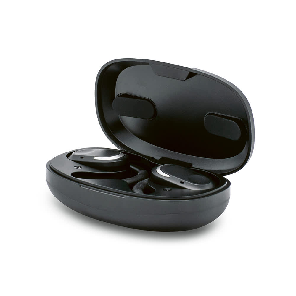 Wireless earbuds in a black charging case, featuring an open ear design. The case has a sleek, rounded shape.