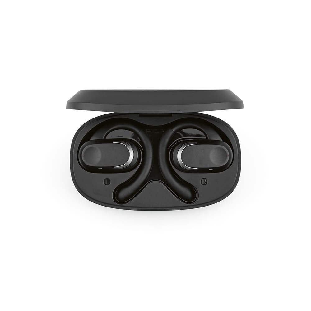 Aerotunes earbuds in a black charging case, featuring an open ear design and ergonomic fit.
