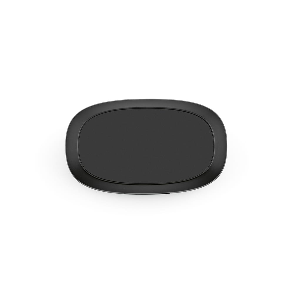 A black wireless charging pad with a sleek, oval design and a smooth surface. It features a subtle logo.