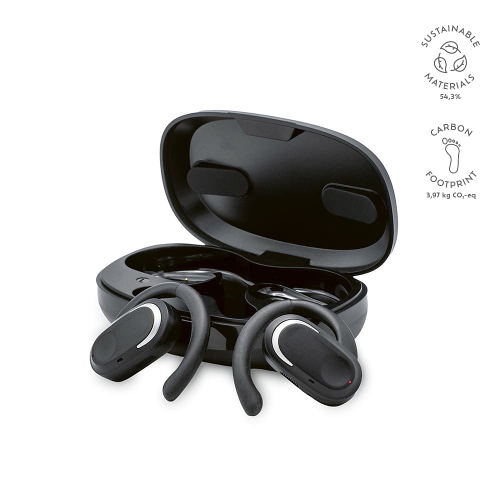 Black earbuds with open ear design and a charging case, featuring a logo and information about sustainable materials.