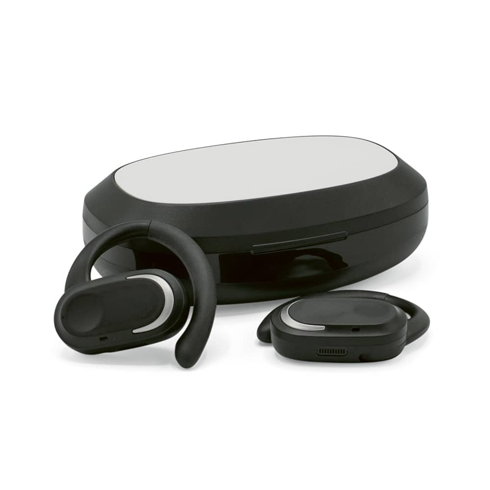 Aerotunes earbuds in black with a charging case, featuring an open ear design and sleek contours.