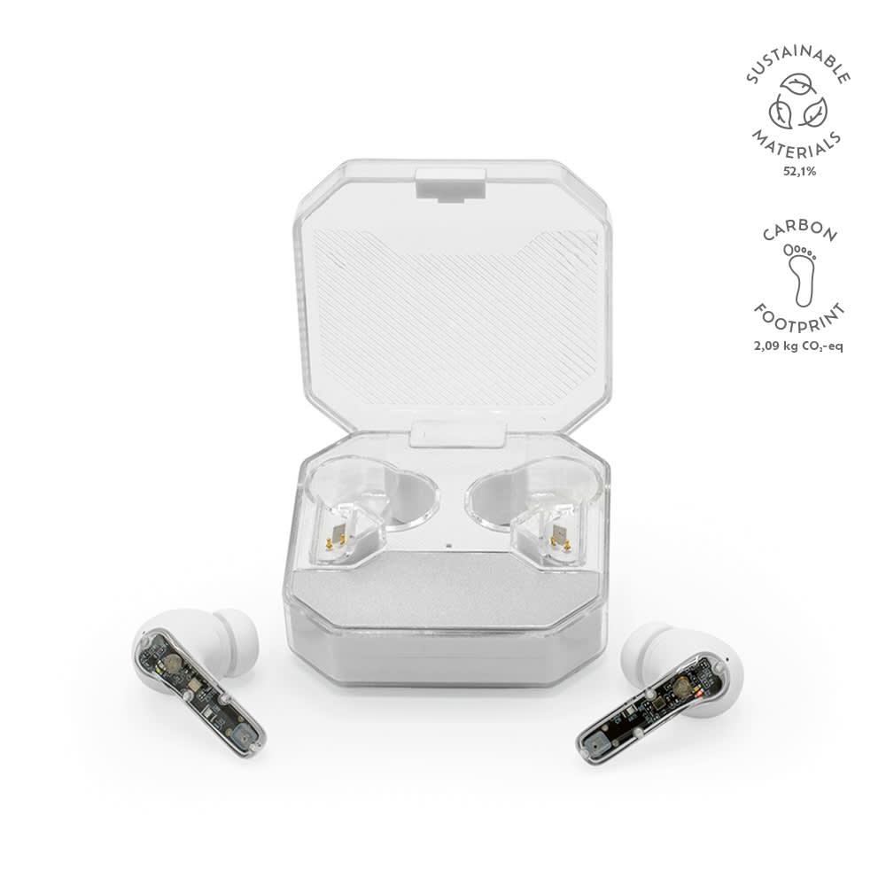 White earbuds in a transparent charging case, showcasing sustainable materials and a clean design.