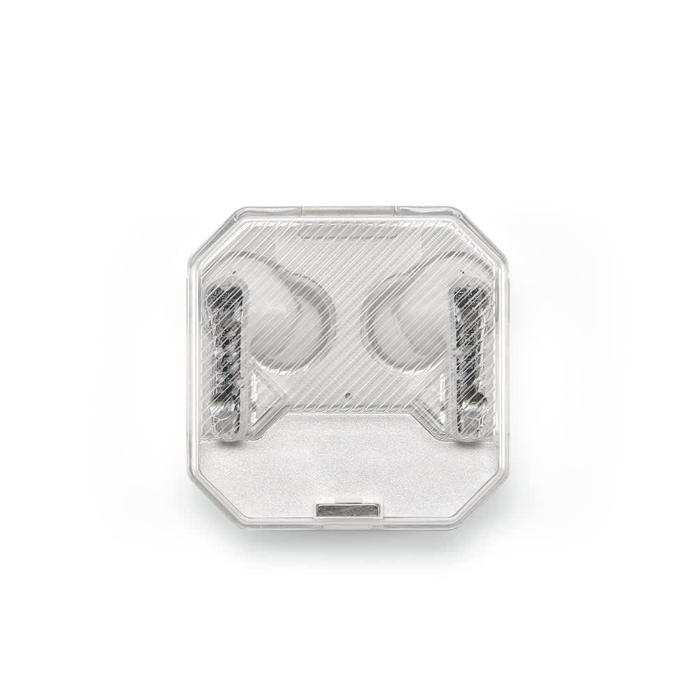 Transparent case containing white earbuds, featuring a sleek design and a compact shape. Includes a logo on the case.
