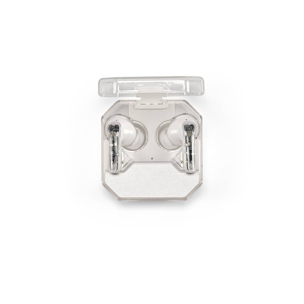 Clear case containing white earbuds with a sleek design. The case has a transparent lid, showcasing the earbuds inside.