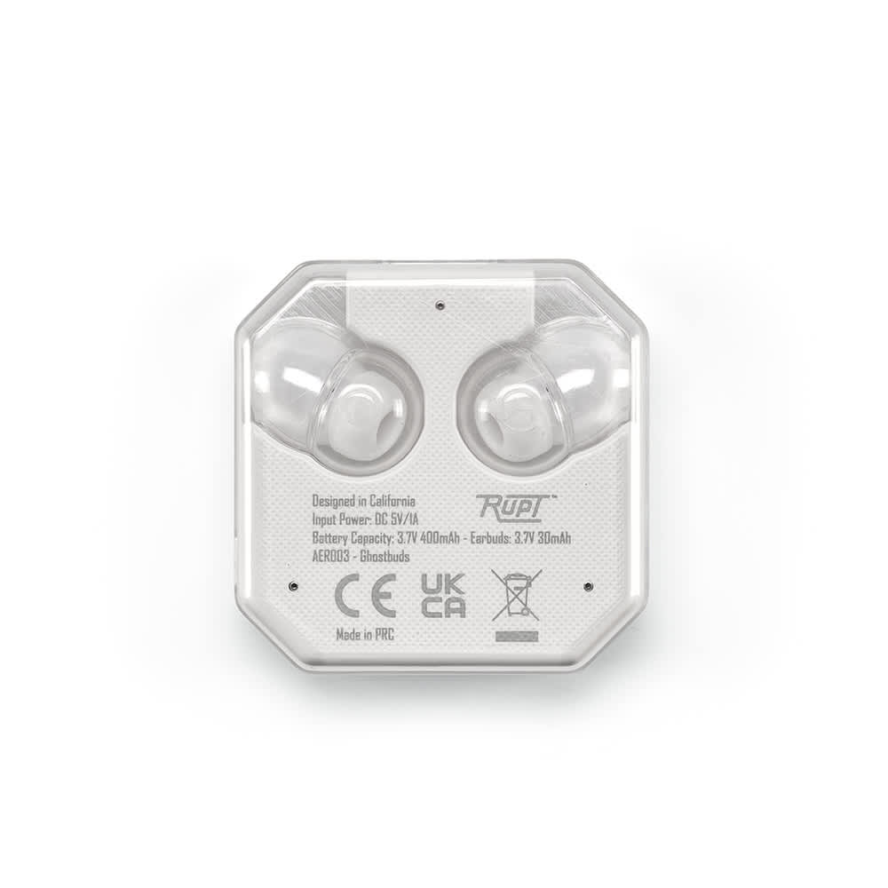 Clear wireless earbuds in a transparent case, featuring a logo. The design is compact with a modern aesthetic.