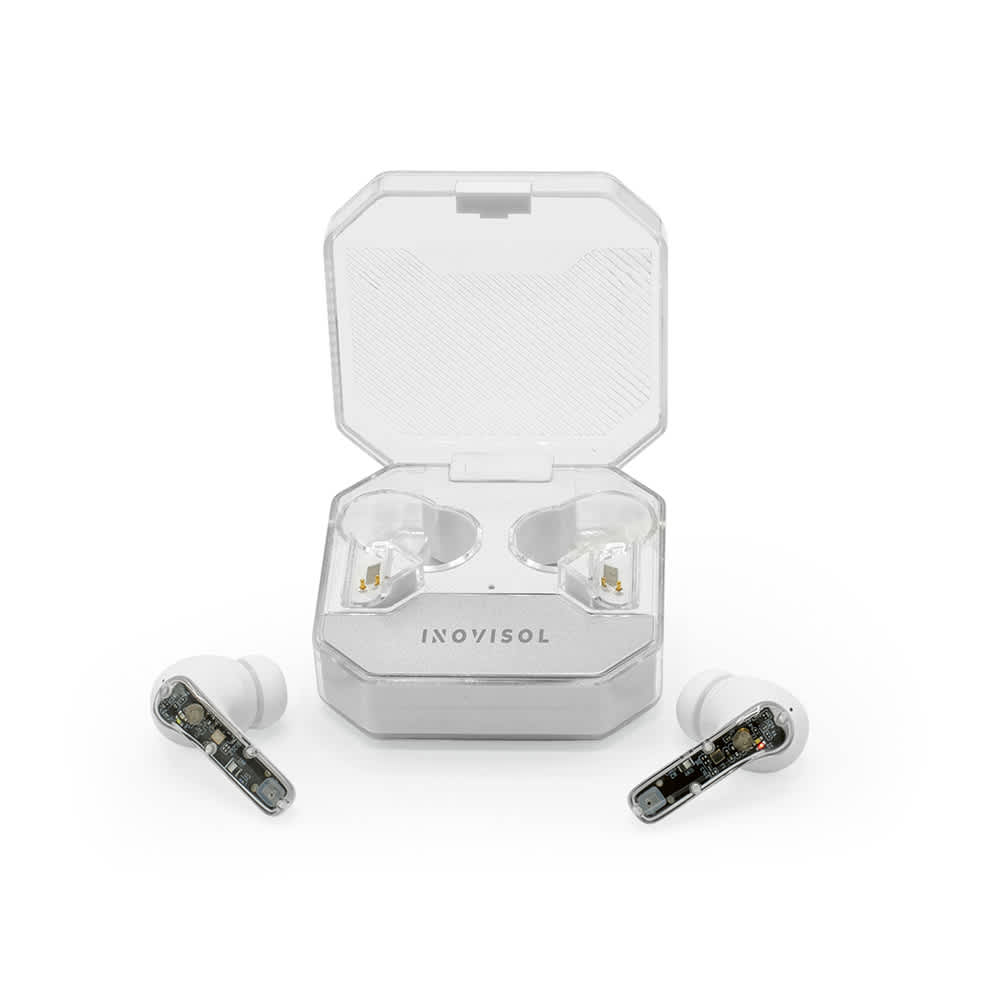 White earbuds displayed in a clear charging case, with two earbuds outside the case. The case features a logo.