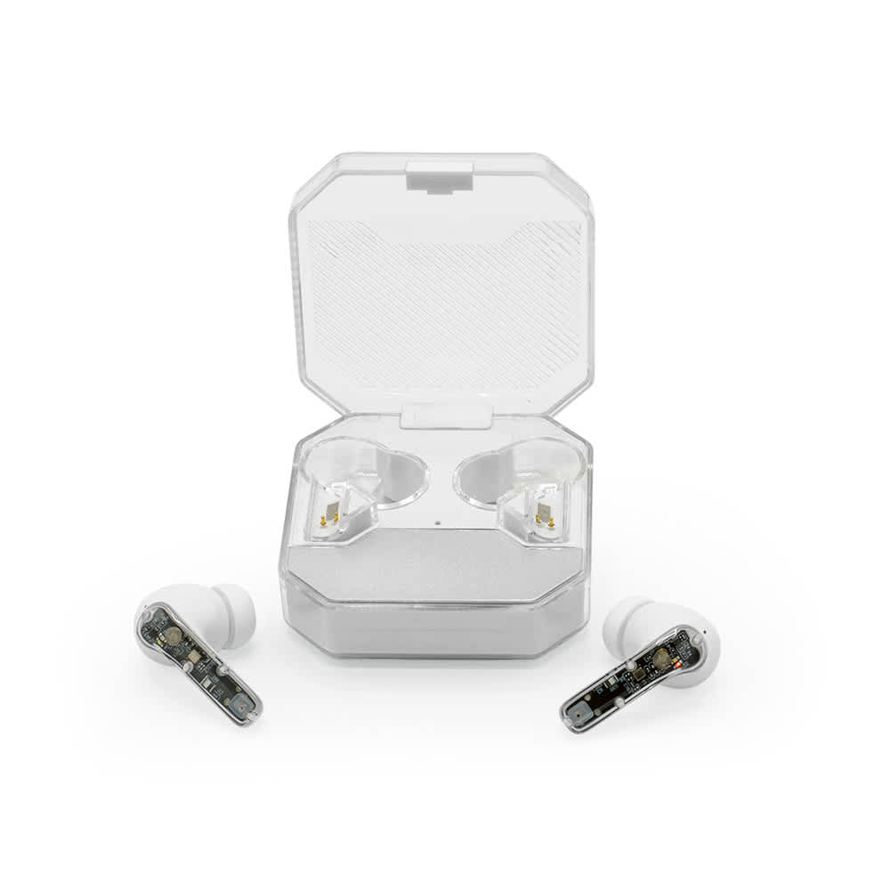 White wireless earbuds with a transparent charging case, featuring a logo on the case.