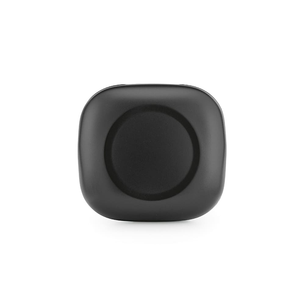 A pair of black earbuds with a square charging case and a logo on the front.