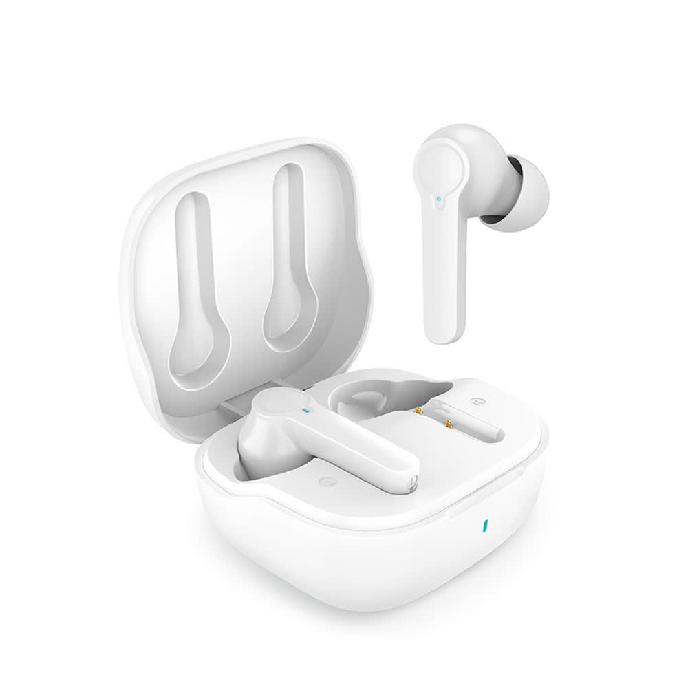 White wireless earbuds in a compact charging case, featuring a modern design and an accompanying logo.