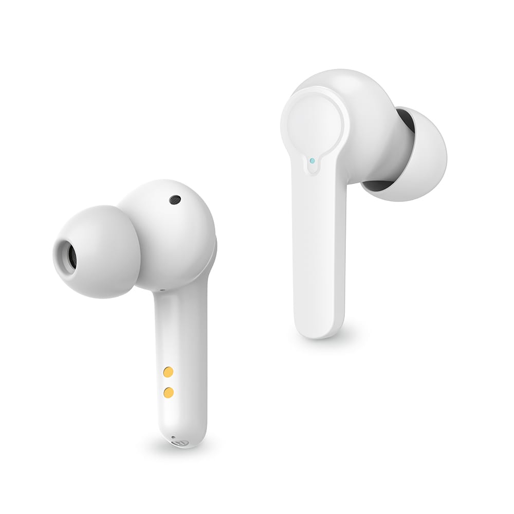 White wireless earbuds with a minimalist design, featuring a charging port and an indicator light.