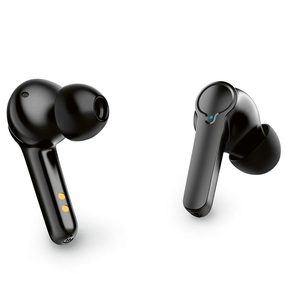 Black earbuds with a shiny finish, featuring a small logo and two different earpiece designs.