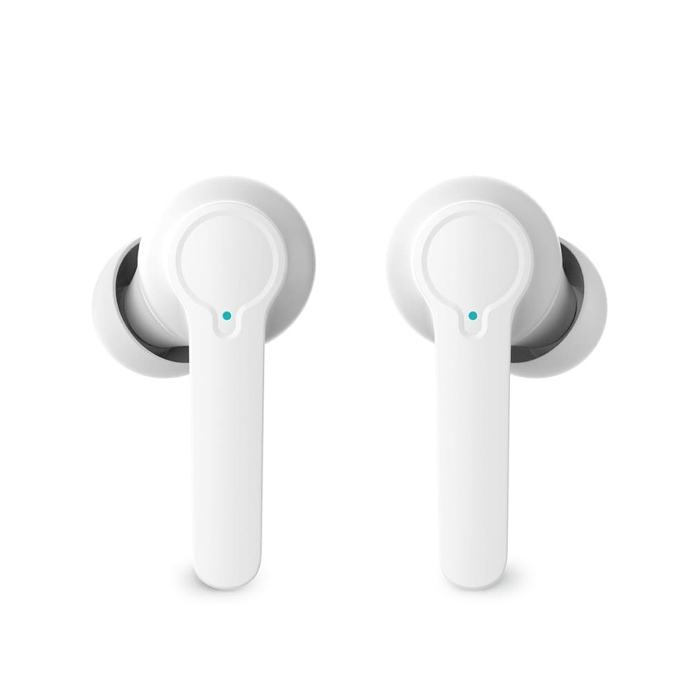 White earbuds are displayed, featuring a sleek design with a subtle logo on one side.