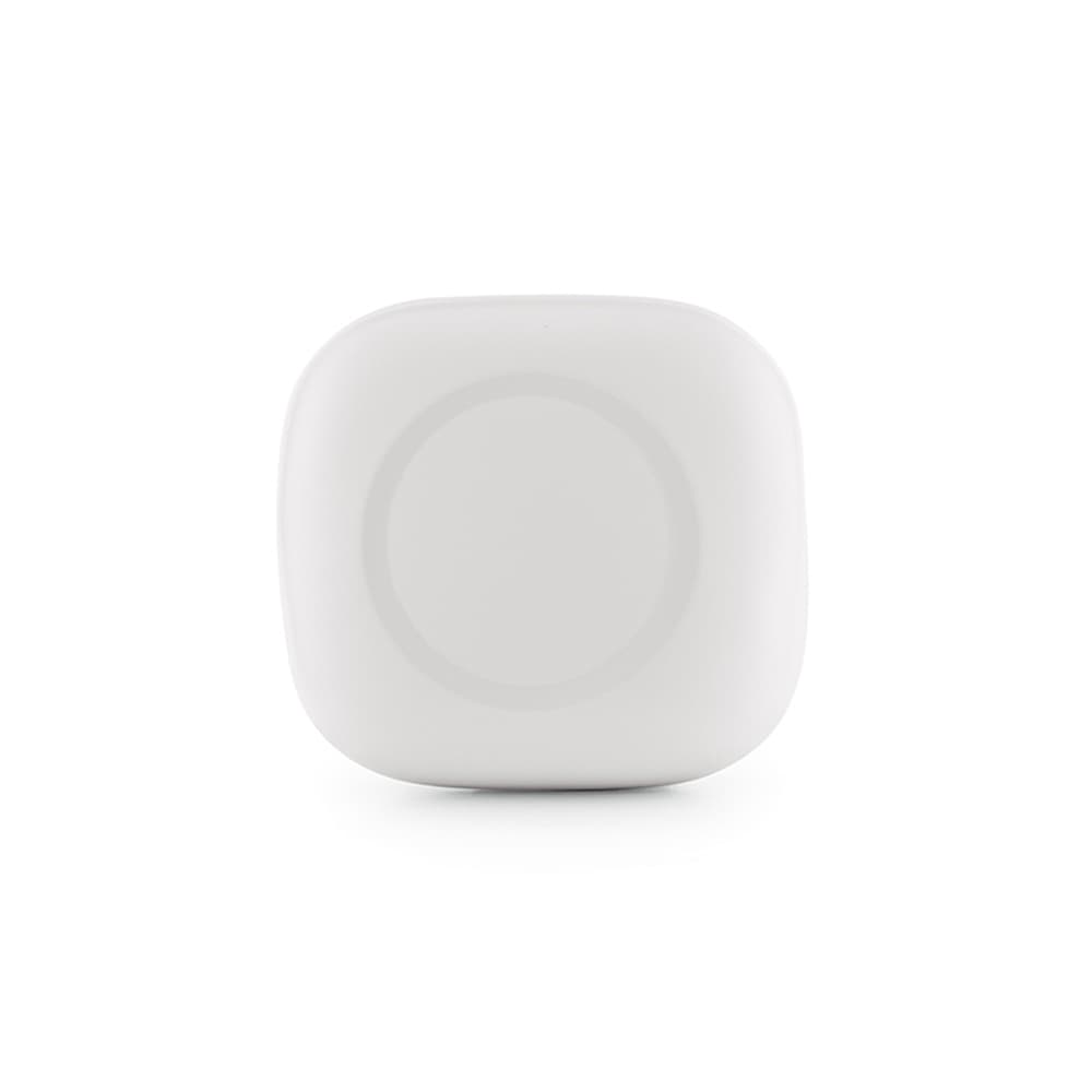A white charging case for earbuds with a smooth, rounded design. It features a logo on the front.