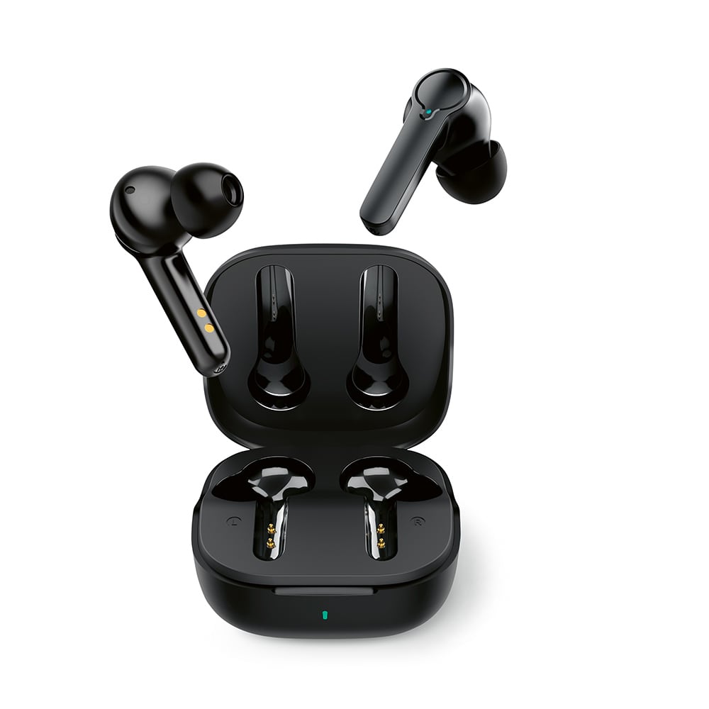 Black wireless earbuds with an accompanying charging case, featuring a sleek design and a logo on the case.