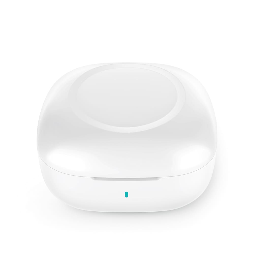 A white charging case for earbuds with a small indicator light. The design is sleek and compact.