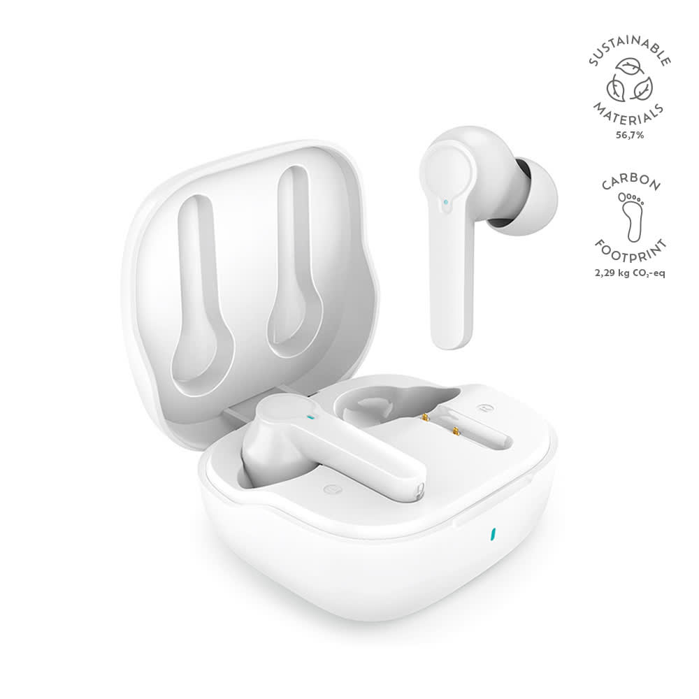 White earbuds displayed inside a charging case, featuring a logo and sustainable materials information.