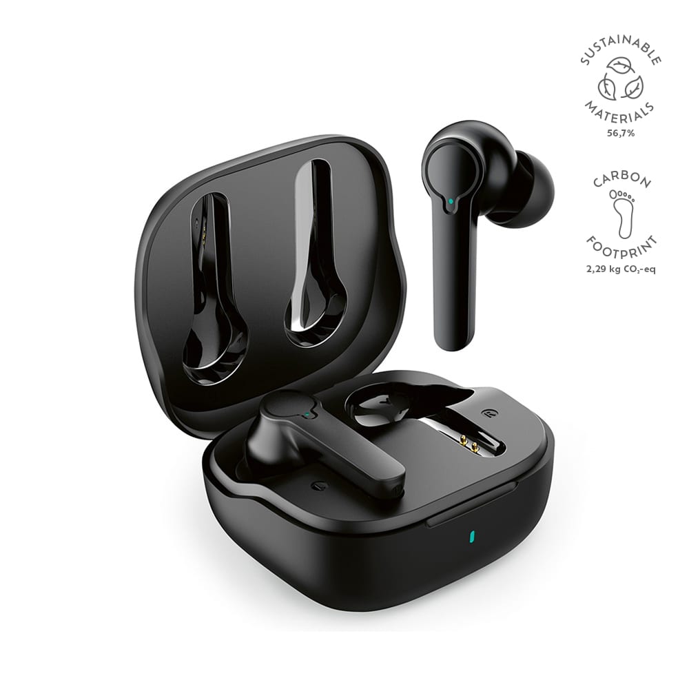 Black earbuds nestled in a charging case, featuring a logo and designed with sustainable materials.
