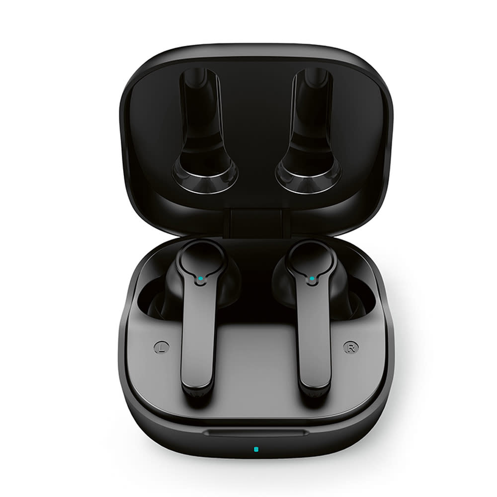 Wireless black earbuds in a charging case, featuring a sleek design and a compact shape.