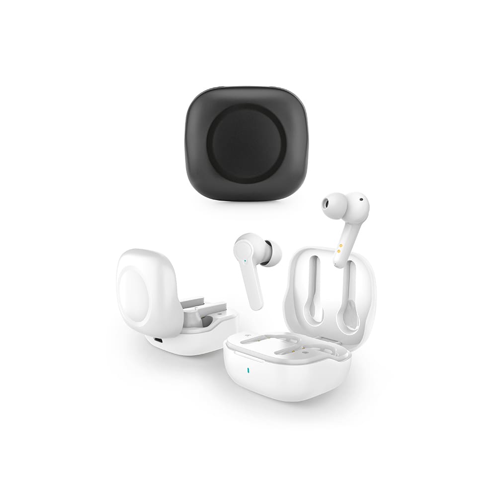 White earbuds with a charging case in black, featuring an ergonomic design and a logo on the case.