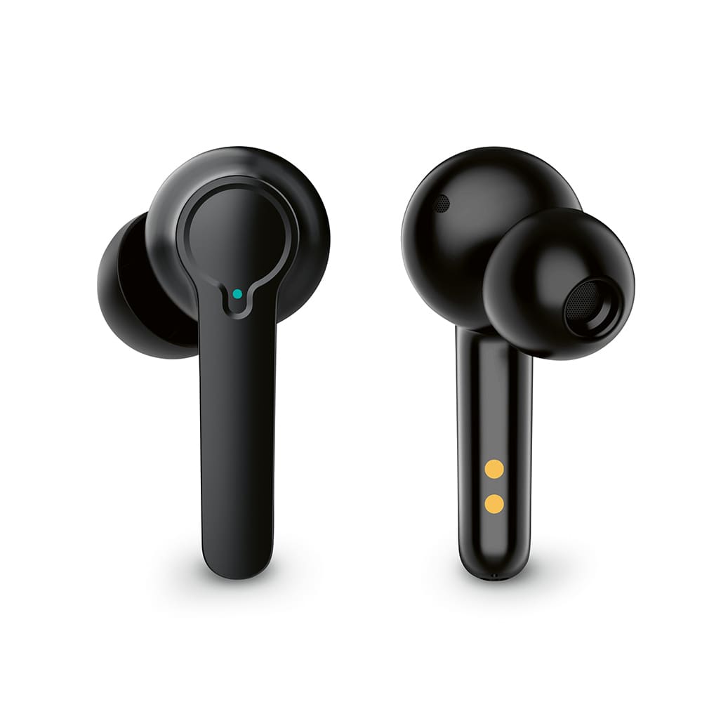 Black wireless earbuds with a sleek design, featuring a charging indicator light and dots for connection.