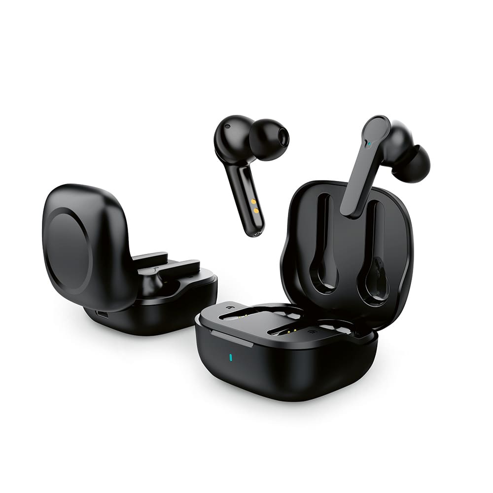 Black earbuds placed near a charging case, featuring a sleek design with a logo on the case.