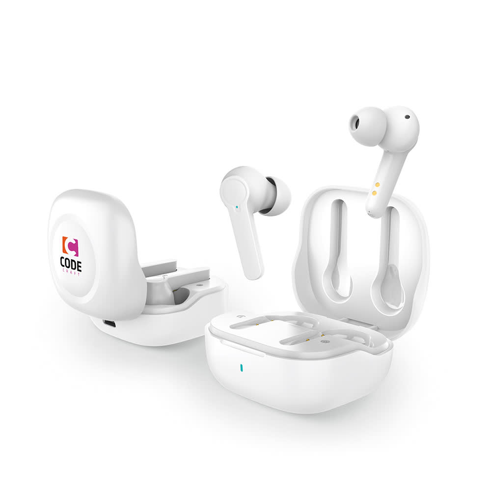 A pair of white earbuds with a charging case, featuring an open design and a logo on the case.