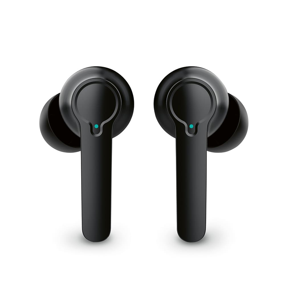 Black wireless earbuds with a sleek design and circular touch controls, featuring a minimalist branding logo.