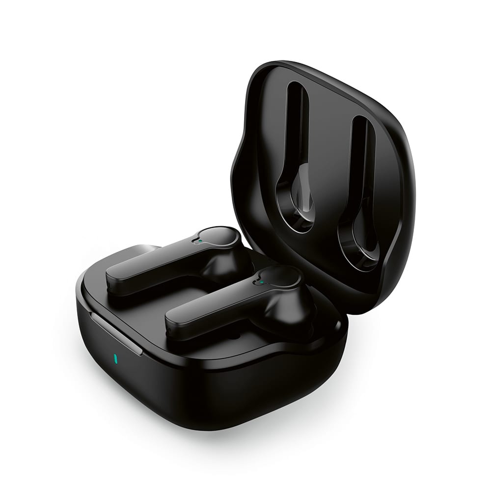 A pair of black earbuds inside a charging case, with an open lid and a small light indicator.