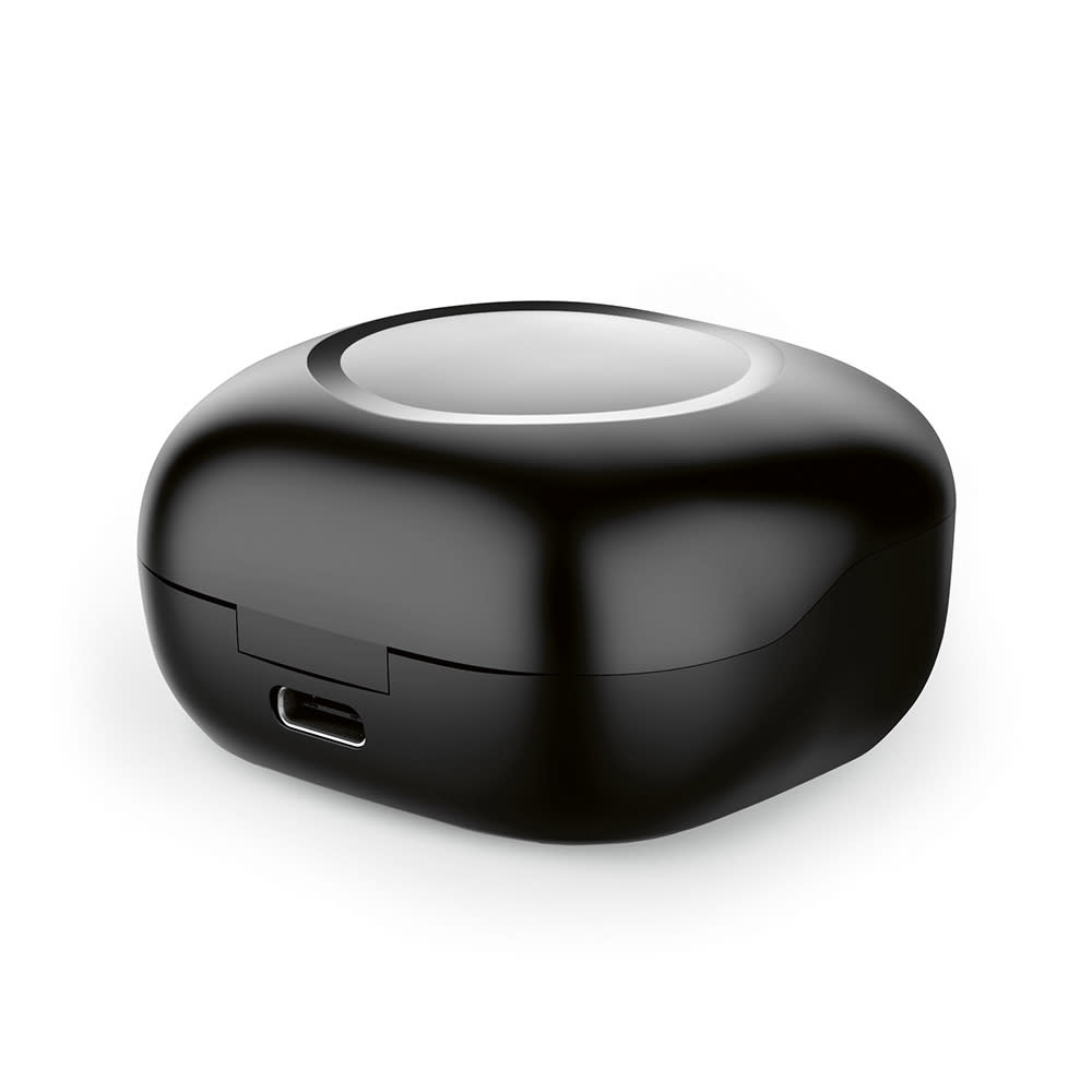 A black charging case for earbuds with a rounded design and a USB-C port at the back.